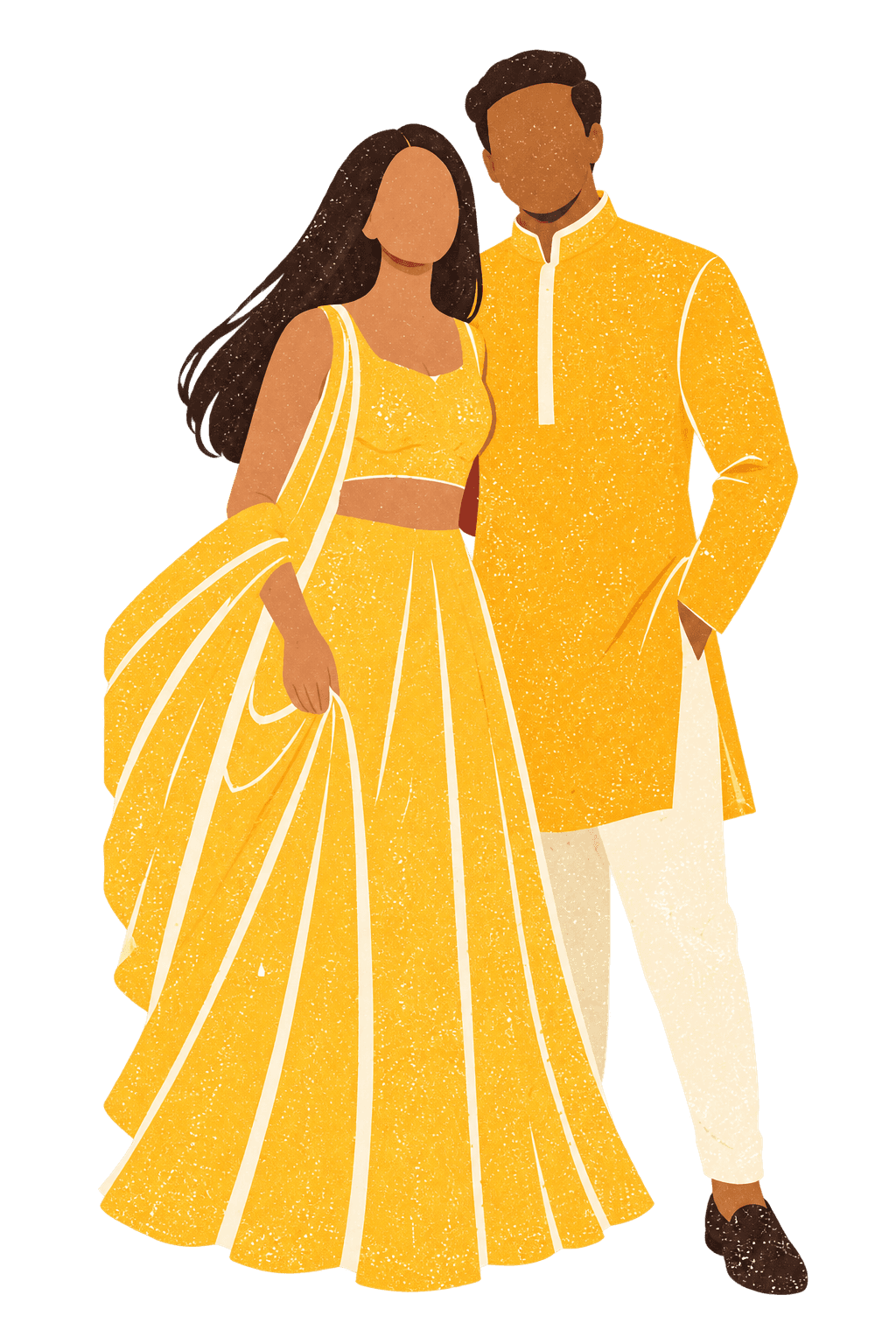 Illustration of Myra and Rakesh in yellow: Myra in a yellow lehenga with a cropped blouse and a matching dupatta, Rakesh in a yellow kurta with cream trousers