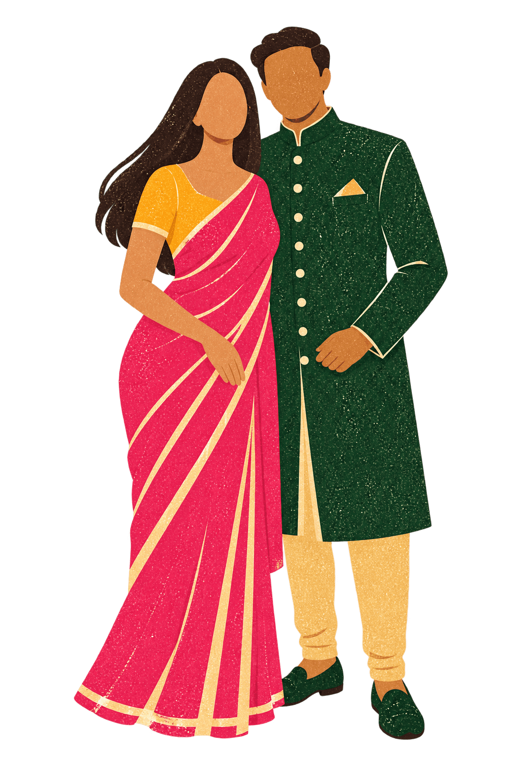 Illustration of Myra and Rakesh dressed for the Hindu ceremony: Myra in a rani-pink saree with a marigold blouse and gold borders, Rakesh in an emerald sherwani with a gold pocket square and gold trousers