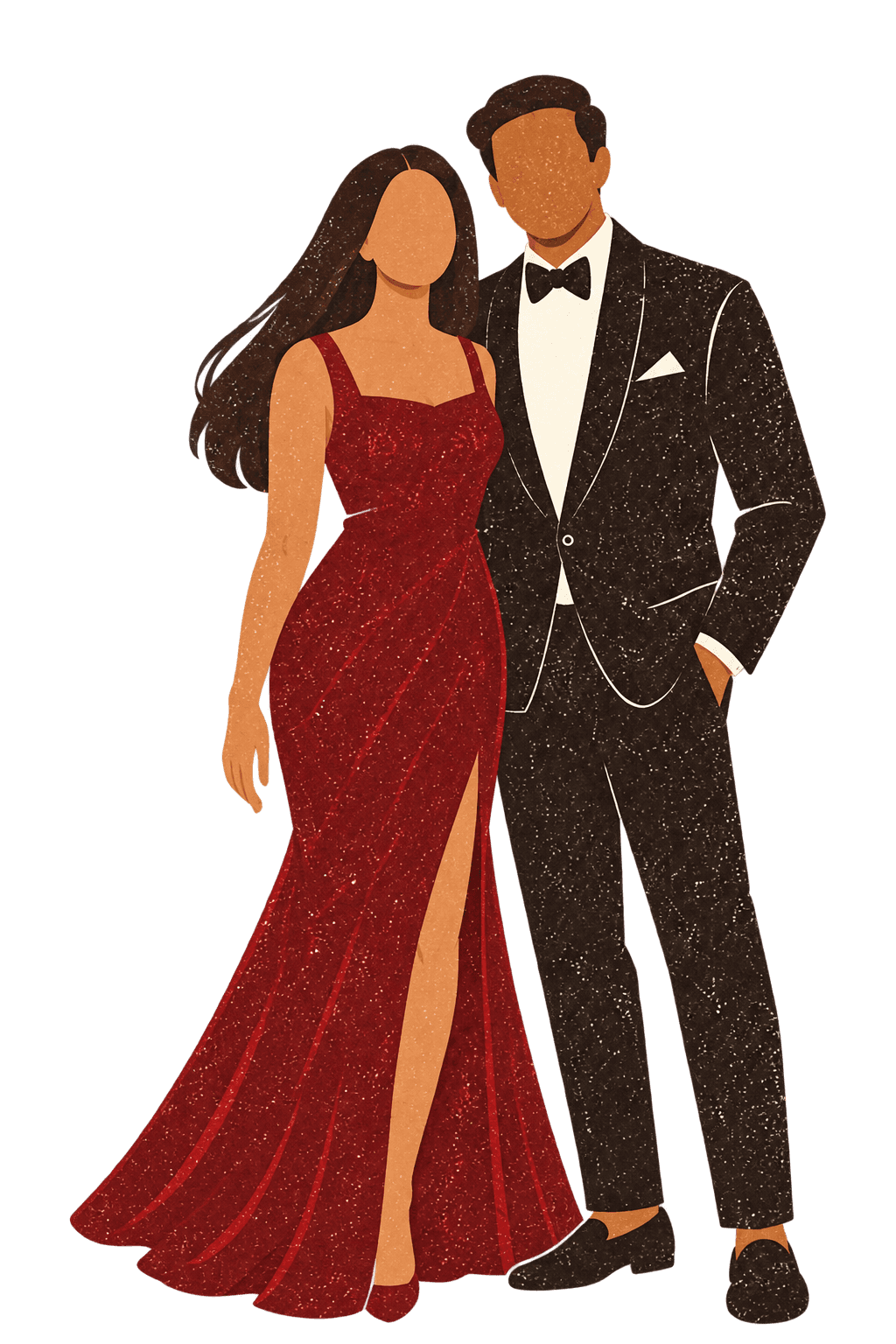 Illustration of Myra and Rakesh in evening wear: Myra in a fitted oxblood gown with a side slit, Rakesh in a black tuxedo with a bow tie