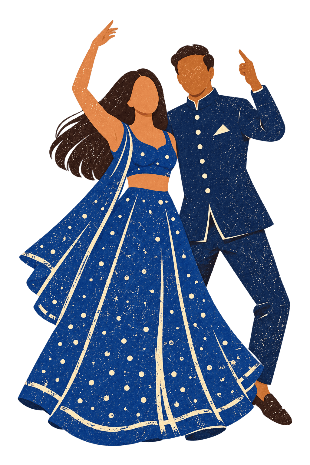 Illustration of Myra and Rakesh dancing at the Sangeet: Myra in a sapphire lehenga scattered with sequins, with a matching dupatta, Rakesh in a navy bandhgala with cream buttons and a cream pocket square